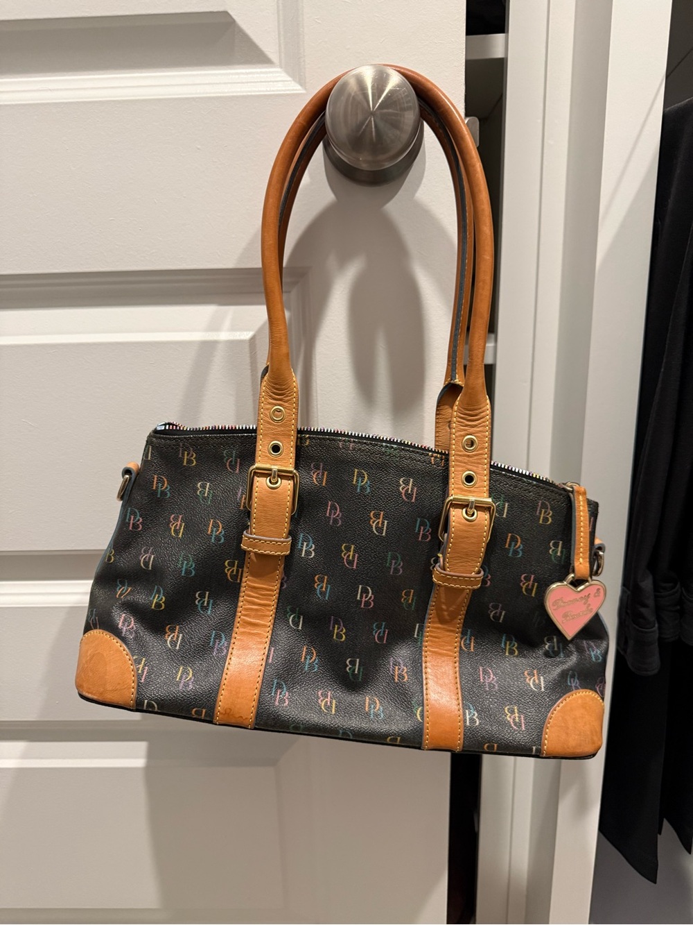 Dooney & Bourke Black Multicolor Monogram Satchel with Tan Trim